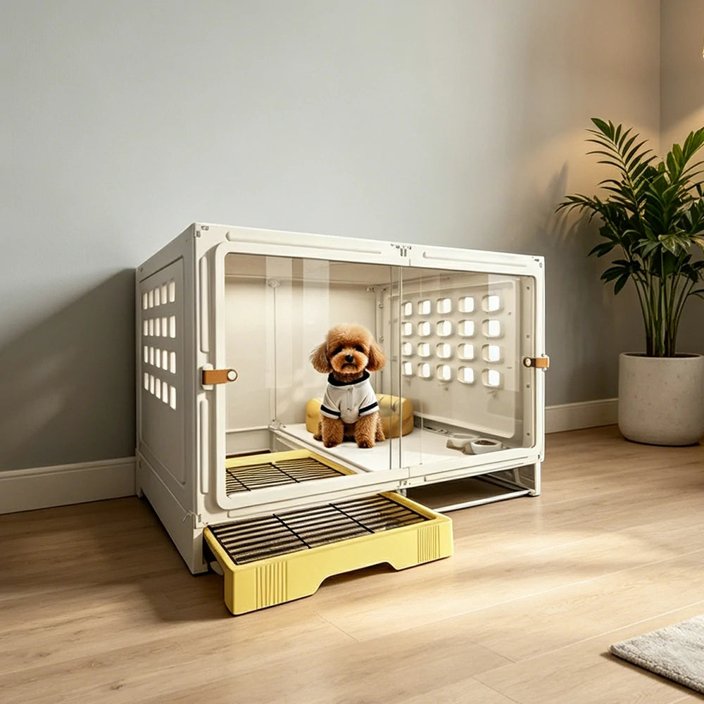 PAWORA Medium Indoor Dog Villa with Transparent Doors Ventilated Side Panels Easy-Clean For Living Room Bedroom Pet Area - White