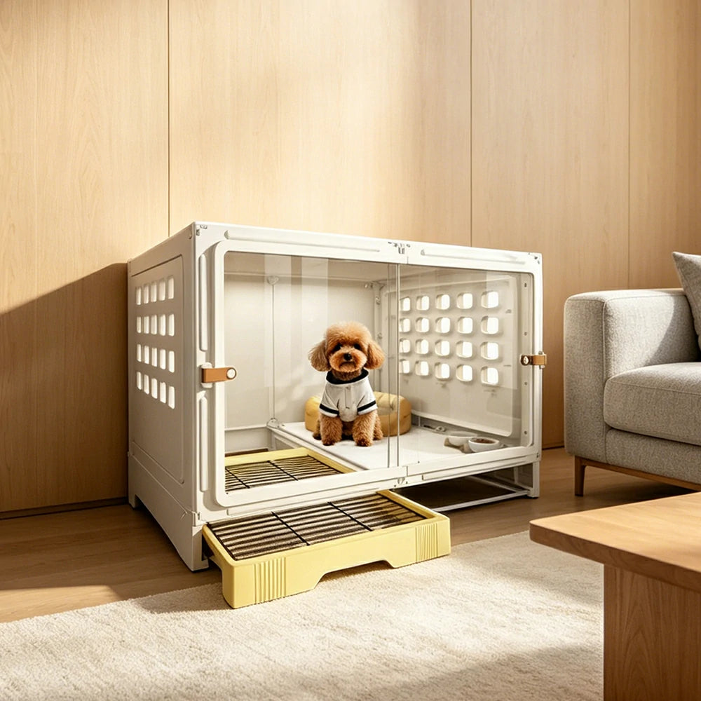 PAWORA Medium Indoor Dog Villa with Transparent Doors Ventilated Side Panels Easy-Clean For Living Room Bedroom Pet Area - White