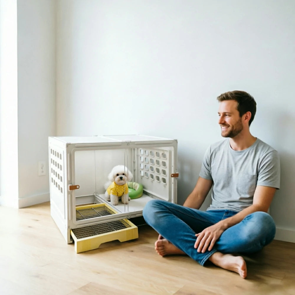 PAWORA Medium Indoor Dog Villa with Transparent Doors Ventilated Side Panels Easy-Clean For Living Room Bedroom Pet Area - White