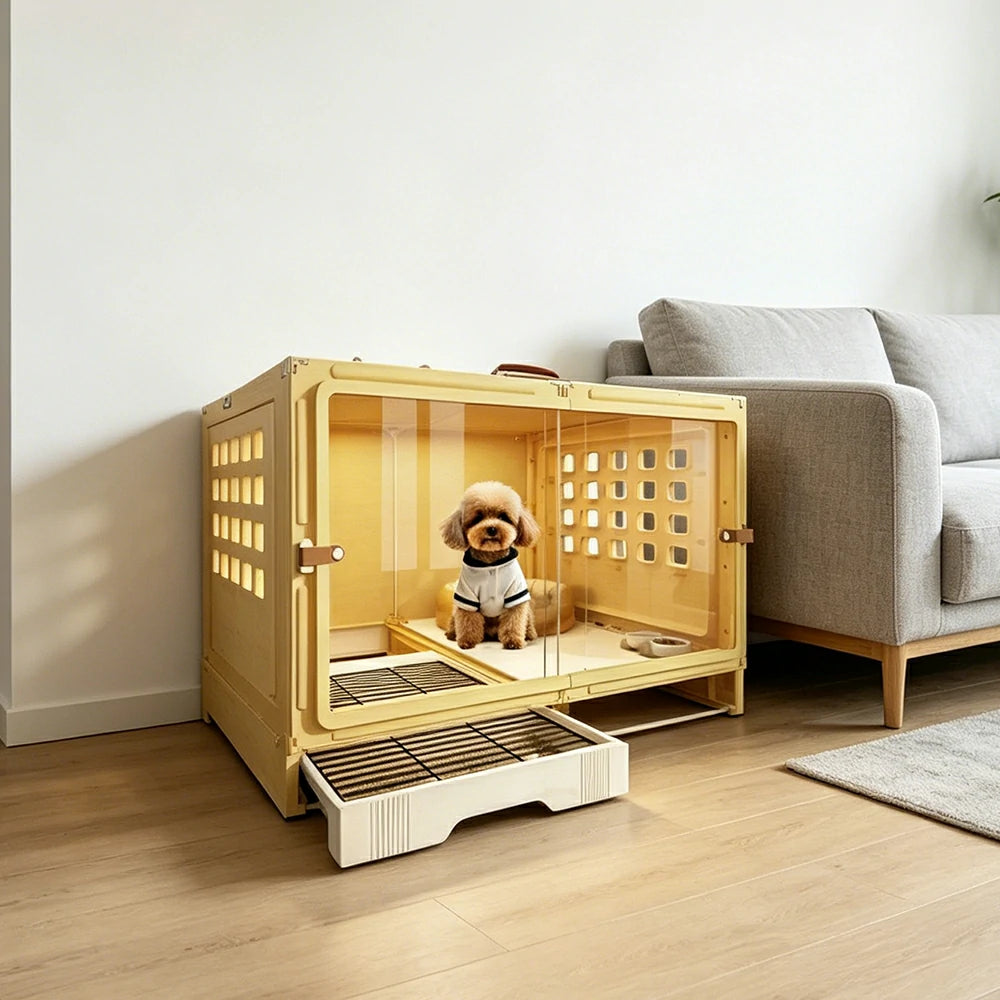 PAWORA Medium Indoor Dog Villa with Transparent Doors Ventilated Side Panels Easy-Clean For Living Room Bedroom Pet Area - Yellow
