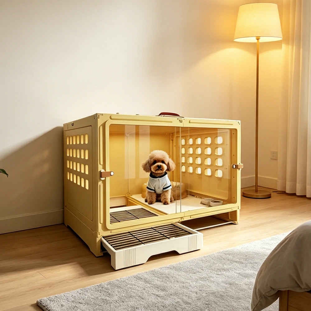 PAWORA Medium Indoor Dog Villa with Transparent Doors Ventilated Side Panels Easy-Clean For Living Room Bedroom Pet Area - Yellow