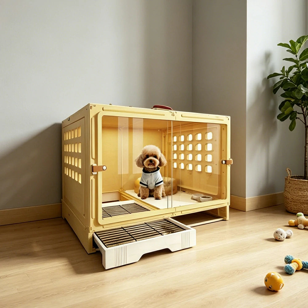 PAWORA Medium Indoor Dog Villa with Transparent Doors Ventilated Side Panels Easy-Clean For Living Room Bedroom Pet Area - Yellow