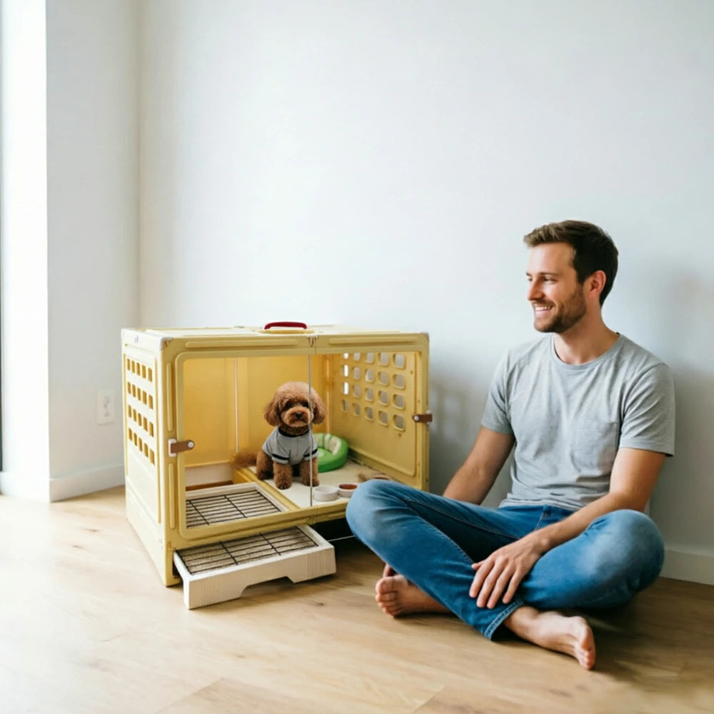 PAWORA Medium Indoor Dog Villa with Transparent Doors Ventilated Side Panels Easy-Clean For Living Room Bedroom Pet Area - Yellow