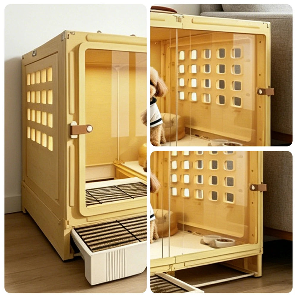 PAWORA Medium Indoor Dog Villa with Transparent Doors Ventilated Side Panels Easy-Clean For Living Room Bedroom Pet Area - Yellow