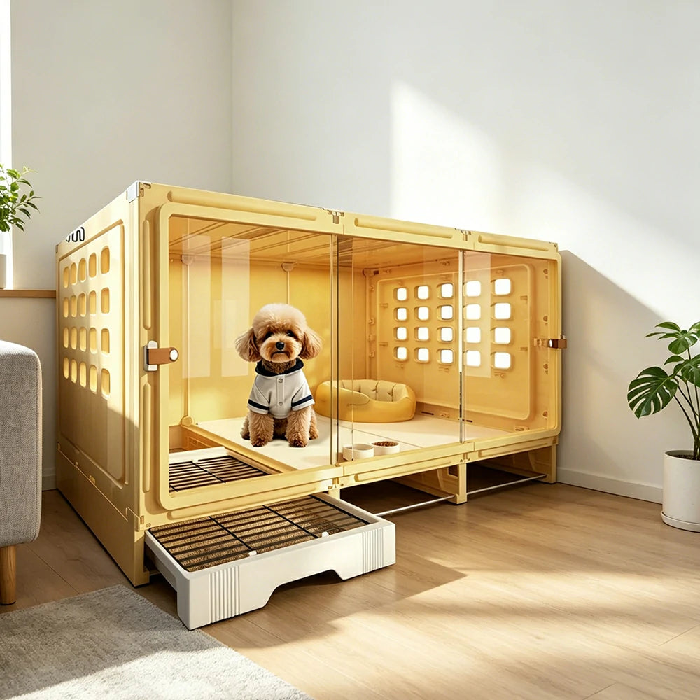 PAWORA Large Small Dog Villa with Enlarged Space and Separate Toilet Area For Indoor Living Room Bedroom Apartment - Yellow