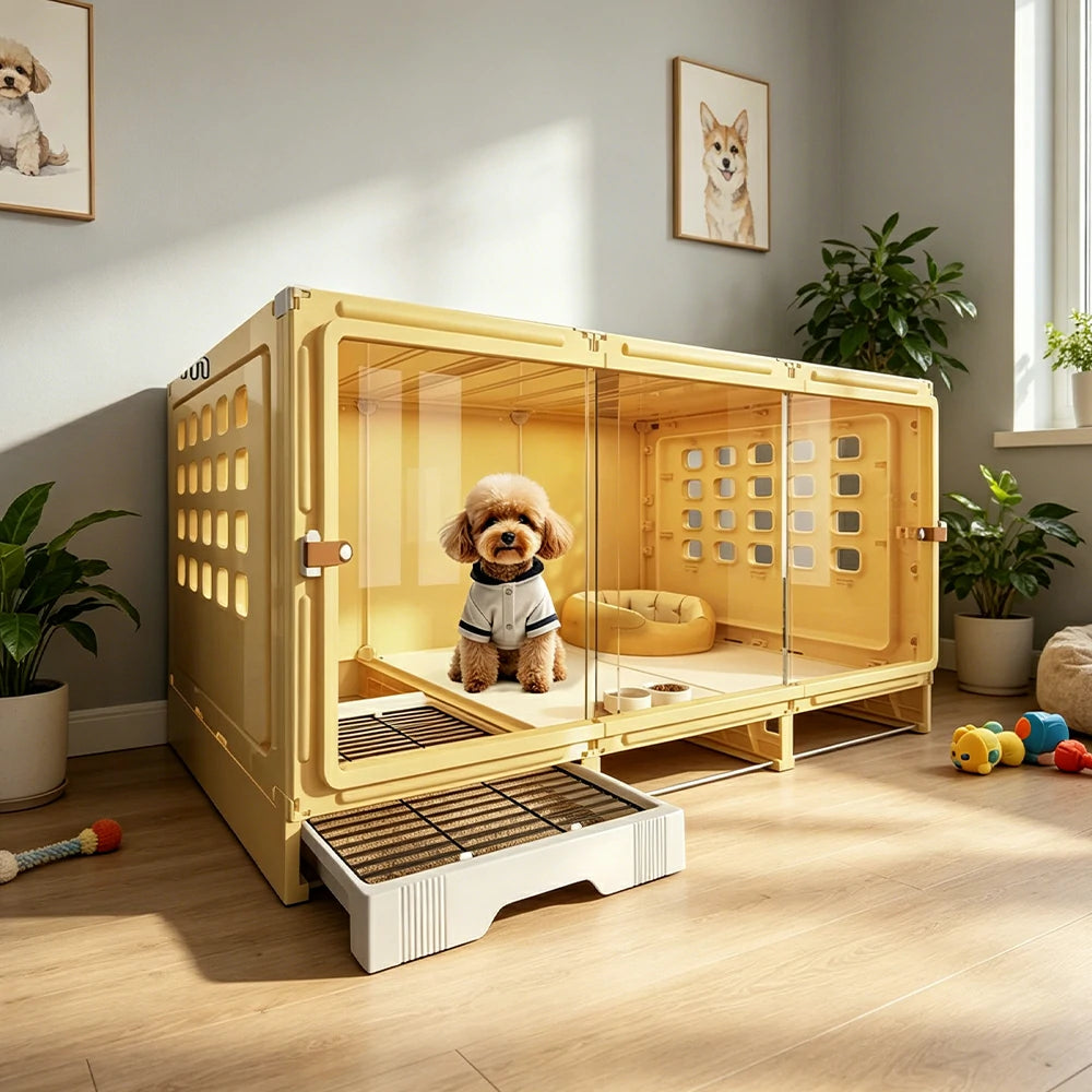 PAWORA Large Small Dog Villa with Enlarged Space and Separate Toilet Area For Indoor Living Room Bedroom Apartment - Yellow