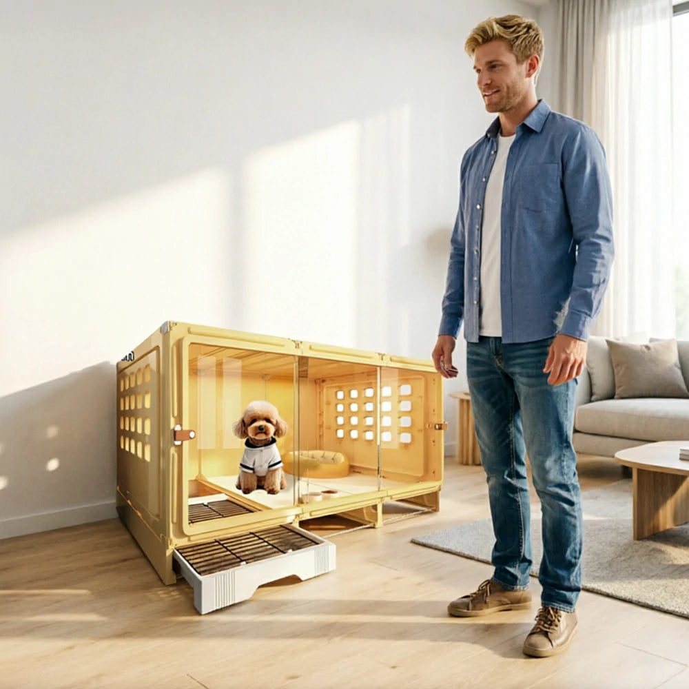 PAWORA Large Small Dog Villa with Enlarged Space and Separate Toilet Area For Indoor Living Room Bedroom Apartment - Yellow