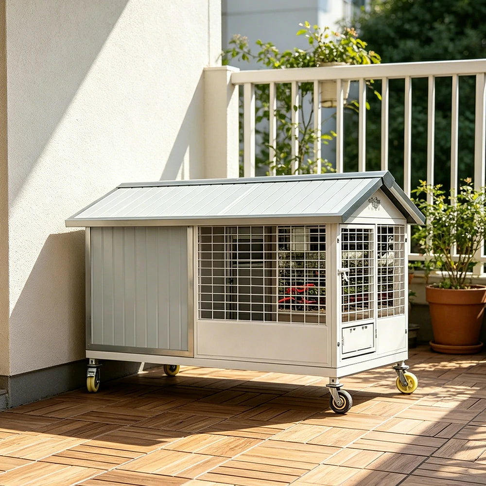 PAWORA Outdoor Pet House Heavy-Duty Steel Frame Reinforced Mesh Feeding Door Air Conditioner Space For Semi-Outdoor Pet Area - White