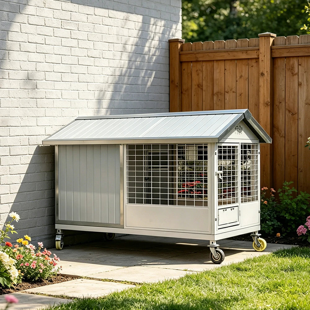 PAWORA Outdoor Pet House Heavy-Duty Steel Frame Reinforced Mesh Feeding Door Air Conditioner Space For Semi-Outdoor Pet Area - White