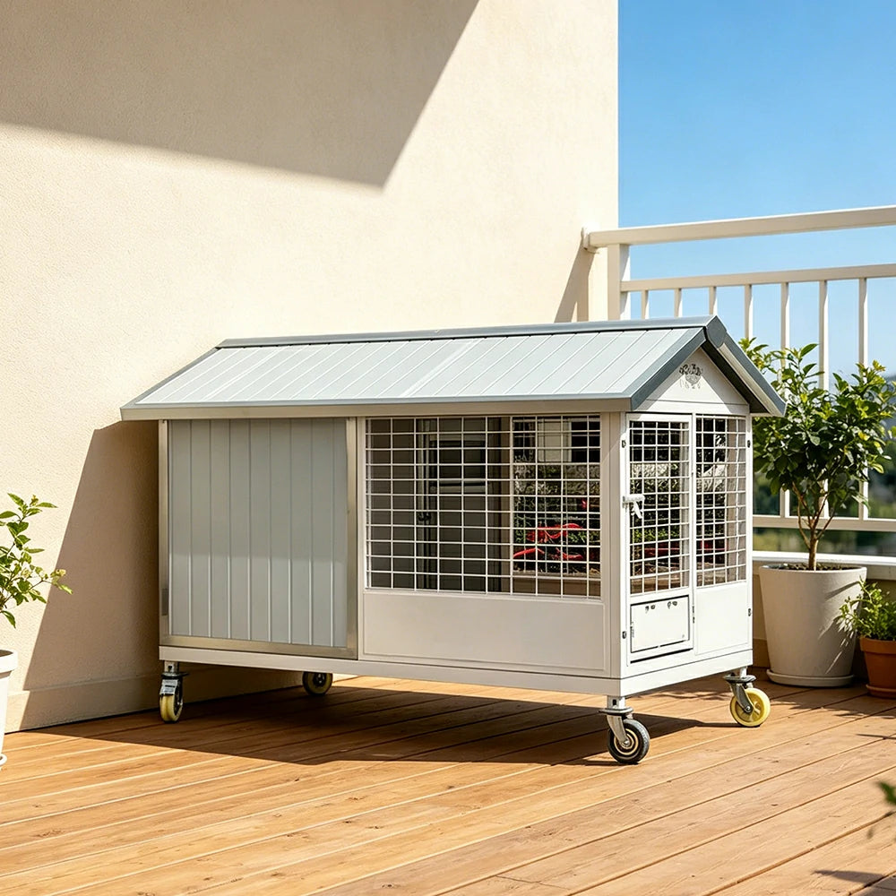 PAWORA Outdoor Pet House Heavy-Duty Steel Frame Reinforced Mesh Feeding Door Air Conditioner Space For Semi-Outdoor Pet Area - White