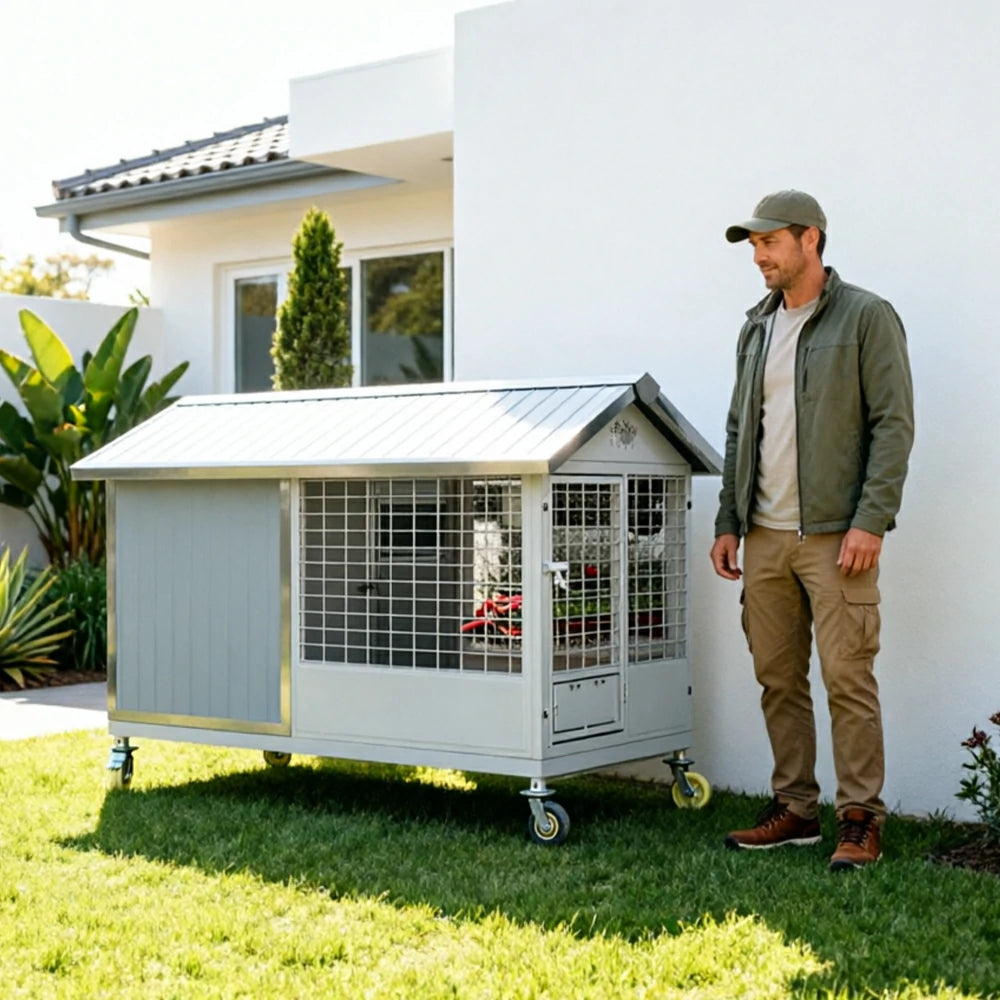 PAWORA Outdoor Pet House Heavy-Duty Steel Frame Reinforced Mesh Feeding Door Air Conditioner Space For Semi-Outdoor Pet Area - White