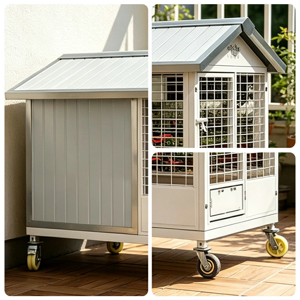 PAWORA Outdoor Pet House Heavy-Duty Steel Frame Reinforced Mesh Feeding Door Air Conditioner Space For Semi-Outdoor Pet Area - White