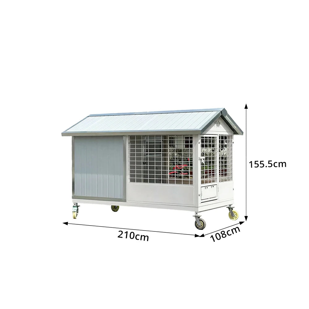 PAWORA Outdoor Pet House Heavy-Duty Steel Frame Reinforced Mesh Feeding Door Air Conditioner Space For Semi-Outdoor Pet Area - White