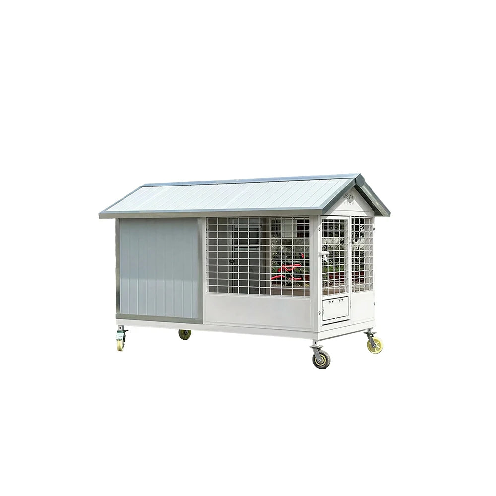 PAWORA Outdoor Pet House Heavy-Duty Steel Frame Reinforced Mesh Feeding Door Air Conditioner Space For Semi-Outdoor Pet Area - White