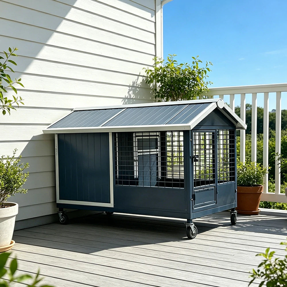 PAWORA Outdoor Pet House Heavy-Duty Steel Frame Reinforced Mesh Feeding Door Air Conditioner Space For Semi-Outdoor Pet Area - Grey