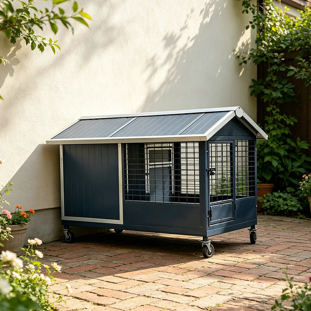 PAWORA Outdoor Pet House Heavy-Duty Steel Frame Reinforced Mesh Feeding Door Air Conditioner Space For Semi-Outdoor Pet Area - Grey