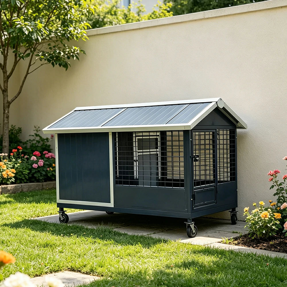 PAWORA Outdoor Pet House Heavy-Duty Steel Frame Reinforced Mesh Feeding Door Air Conditioner Space For Semi-Outdoor Pet Area - Grey