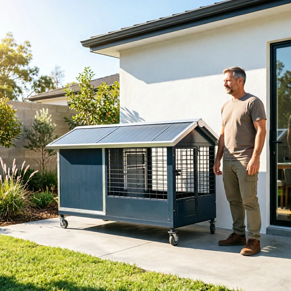 PAWORA Outdoor Pet House Heavy-Duty Steel Frame Reinforced Mesh Feeding Door Air Conditioner Space For Semi-Outdoor Pet Area - Grey