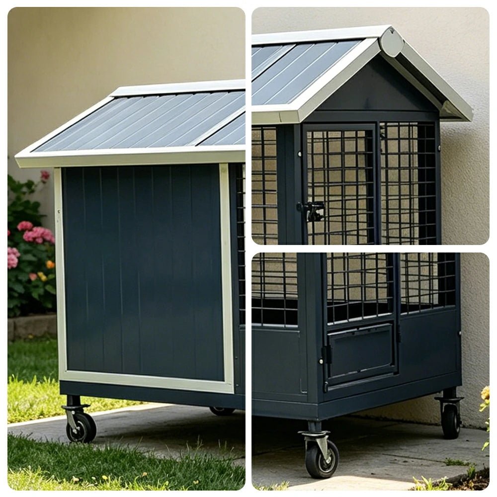 PAWORA Outdoor Pet House Heavy-Duty Steel Frame Reinforced Mesh Feeding Door Air Conditioner Space For Semi-Outdoor Pet Area - Grey