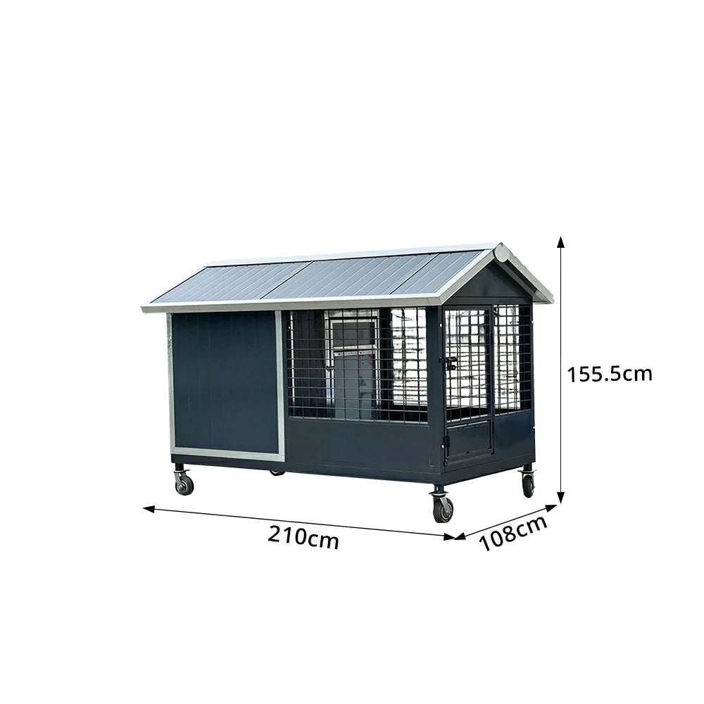 PAWORA Outdoor Pet House Heavy-Duty Steel Frame Reinforced Mesh Feeding Door Air Conditioner Space For Semi-Outdoor Pet Area - Grey