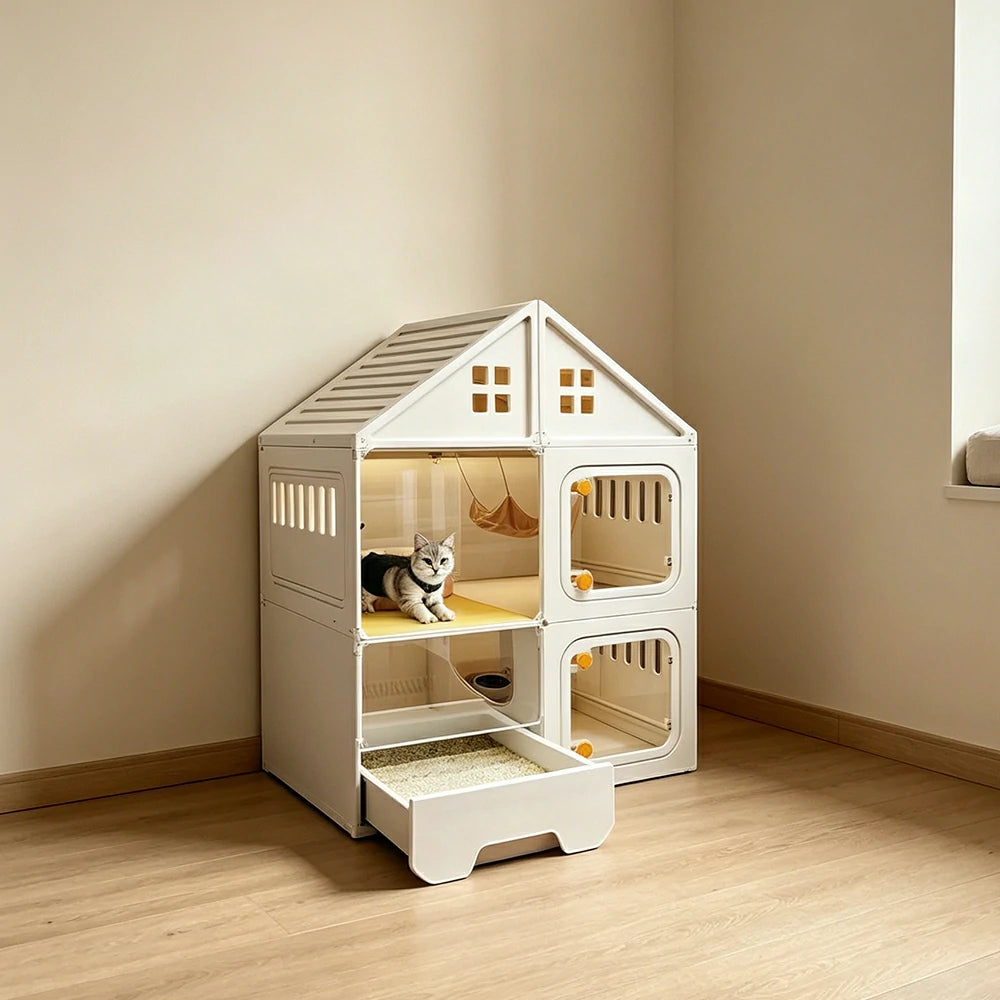 PAWORA Indoor Cat Villa with Multi-Zone Layout Clear Doors and Thickened Resin Panels For Pet Living Area - White
