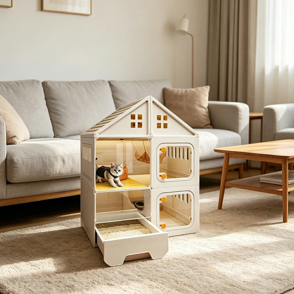 PAWORA Indoor Cat Villa with Multi-Zone Layout Clear Doors and Thickened Resin Panels For Pet Living Area - White