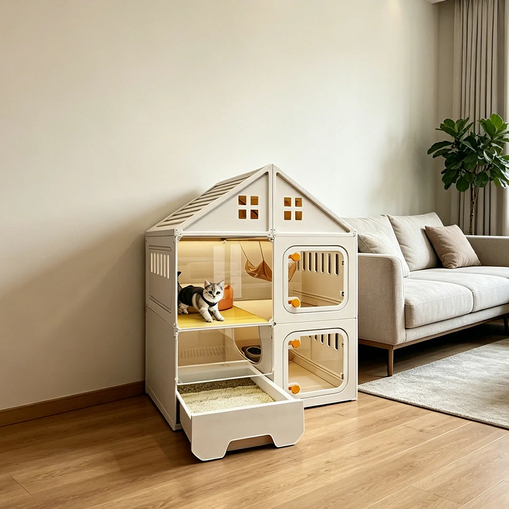 PAWORA Indoor Cat Villa with Multi-Zone Layout Clear Doors and Thickened Resin Panels For Pet Living Area - White