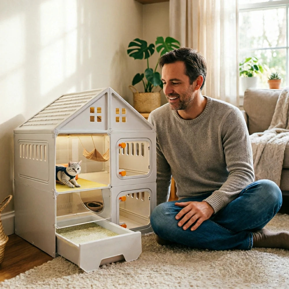 PAWORA Indoor Cat Villa with Multi-Zone Layout Clear Doors and Thickened Resin Panels For Pet Living Area - White