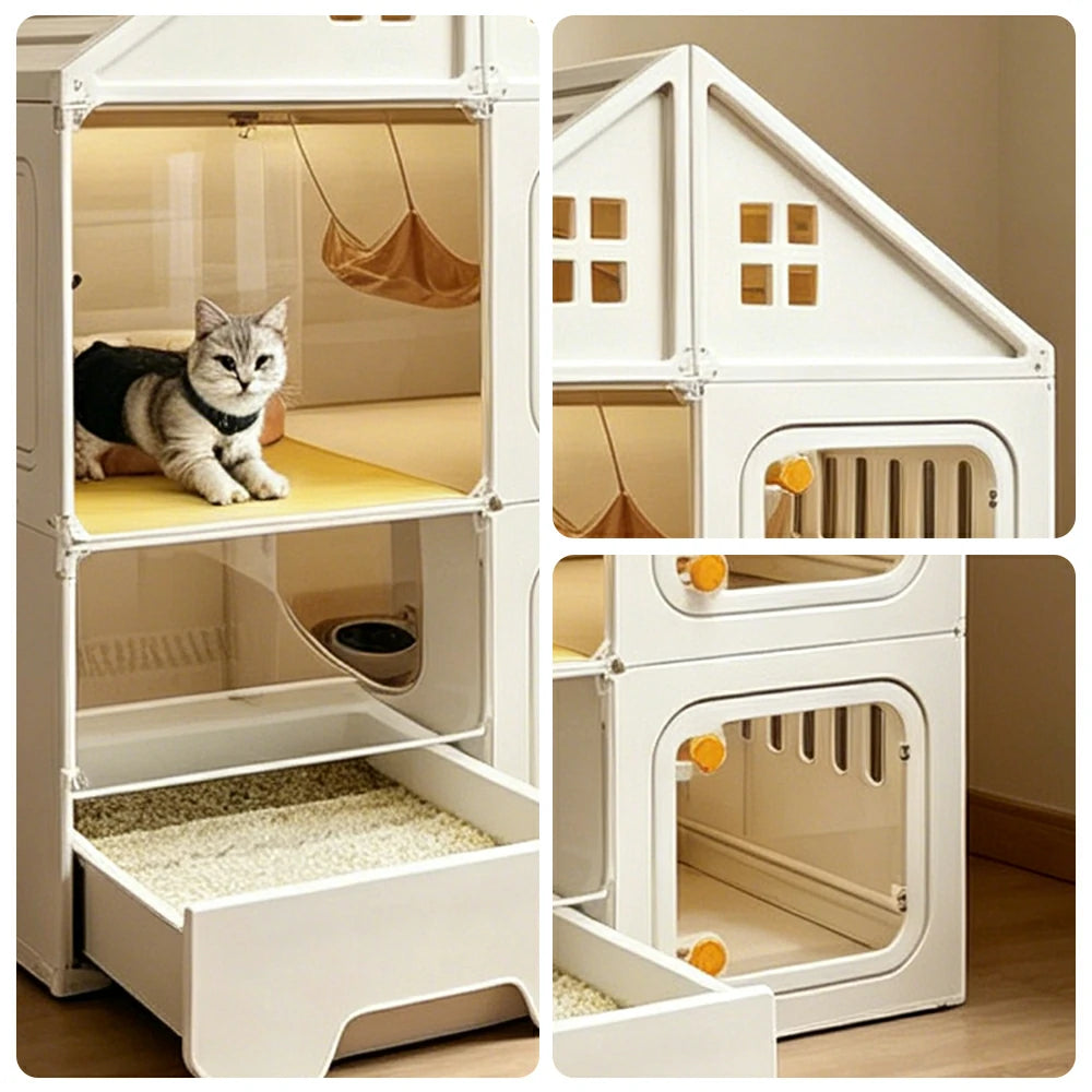 PAWORA Indoor Cat Villa with Multi-Zone Layout Clear Doors and Thickened Resin Panels For Pet Living Area - White