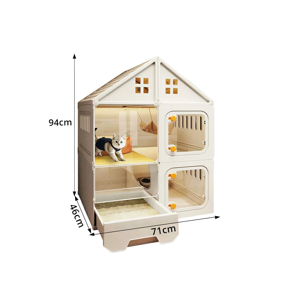 PAWORA Indoor Cat Villa with Multi-Zone Layout Clear Doors and Thickened Resin Panels For Pet Living Area - White