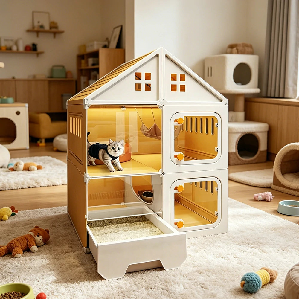 PAWORA Indoor Cat Villa with Multi-Zone Layout Clear Doors and Thickened Resin Panels For Pet Living Area - Yellow