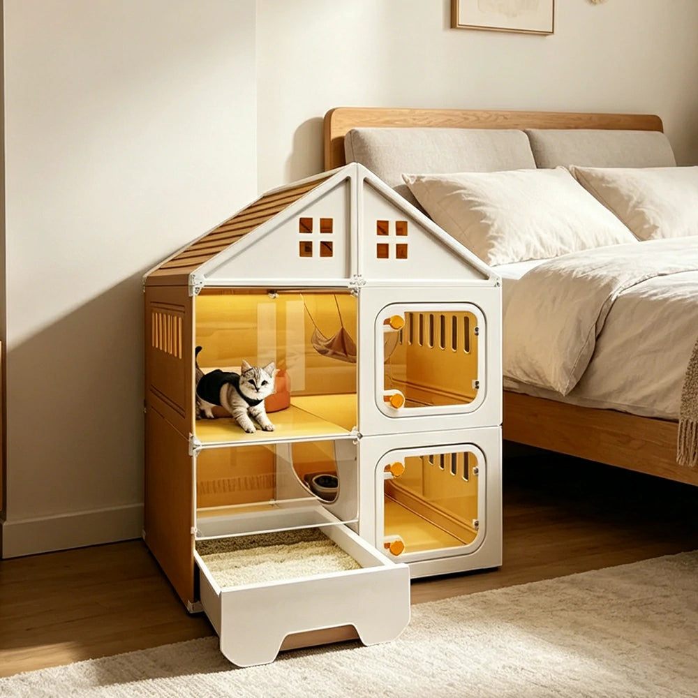 PAWORA Indoor Cat Villa with Multi-Zone Layout Clear Doors and Thickened Resin Panels For Pet Living Area - Yellow