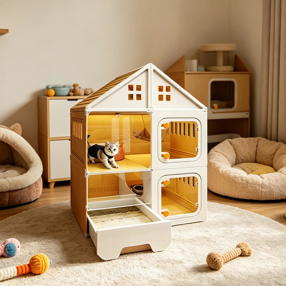 PAWORA Indoor Cat Villa with Multi-Zone Layout Clear Doors and Thickened Resin Panels For Pet Living Area - Yellow