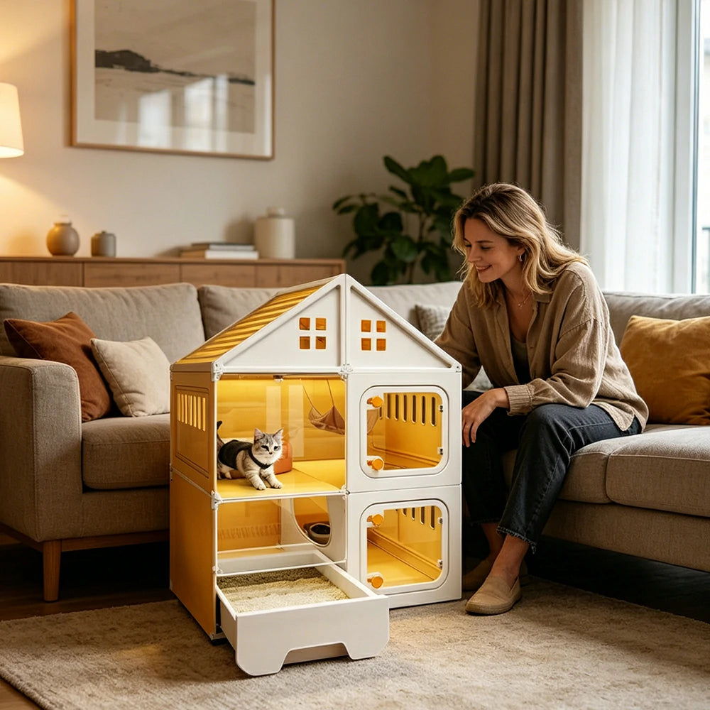 PAWORA Indoor Cat Villa with Multi-Zone Layout Clear Doors and Thickened Resin Panels For Pet Living Area - Yellow