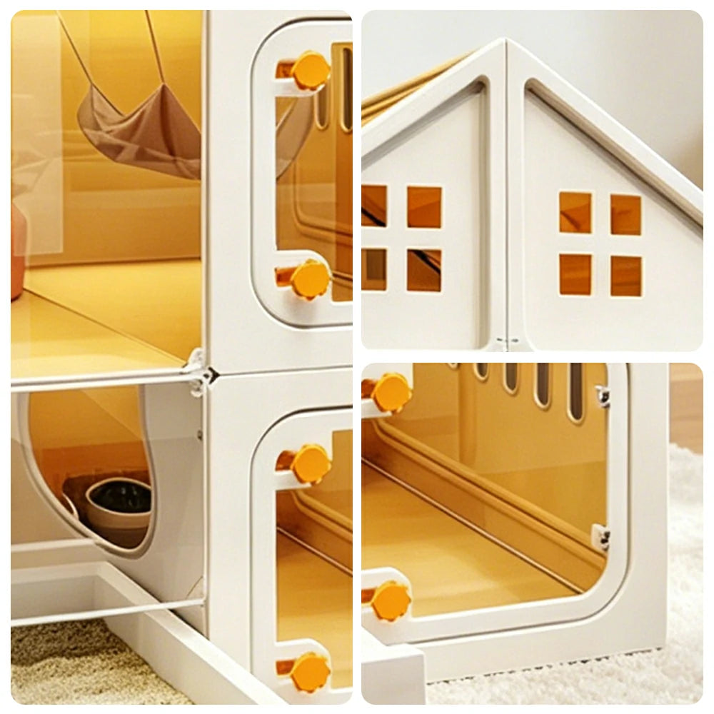 PAWORA Indoor Cat Villa with Multi-Zone Layout Clear Doors and Thickened Resin Panels For Pet Living Area - Yellow