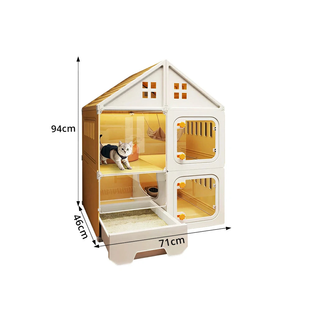 PAWORA Indoor Cat Villa with Multi-Zone Layout Clear Doors and Thickened Resin Panels For Pet Living Area - Yellow