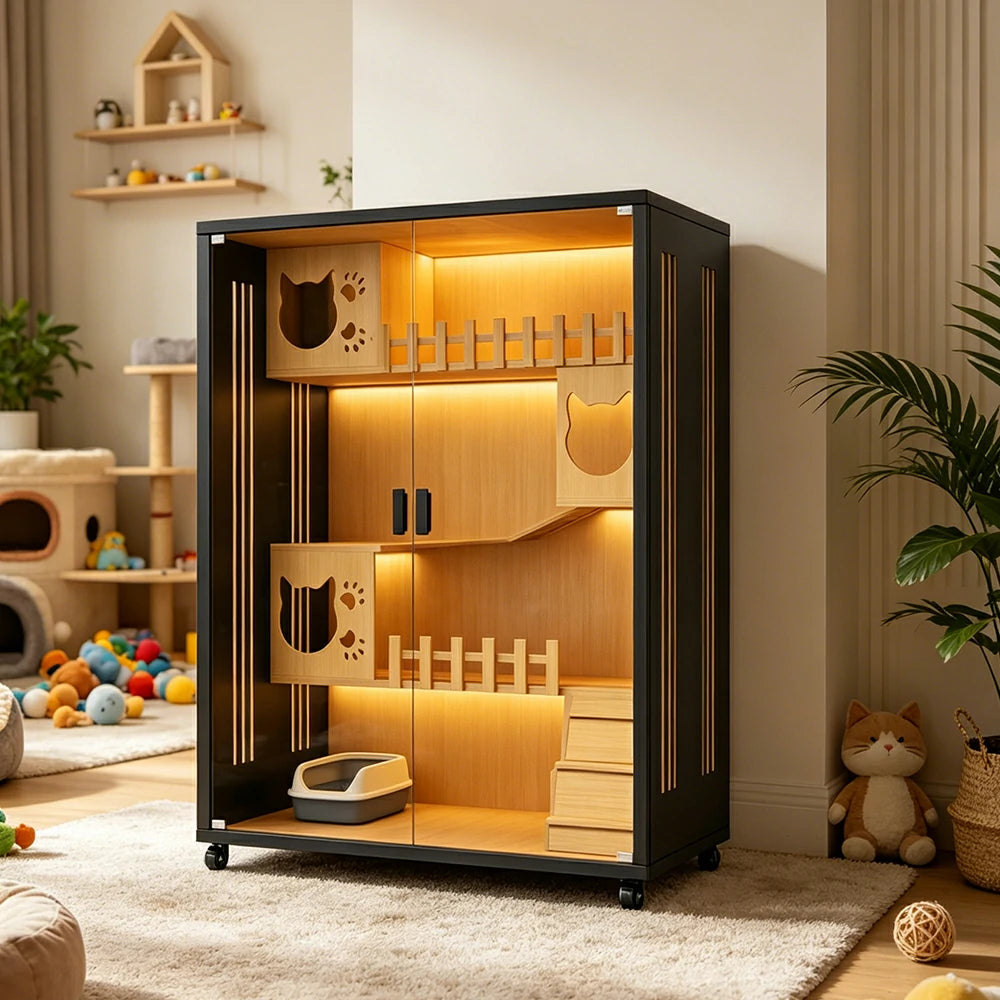 PAWORA Large Multi-Level Cat Villa with Zoned Living Space Tempered Glass Doors For Multi-Cat Homes - Black