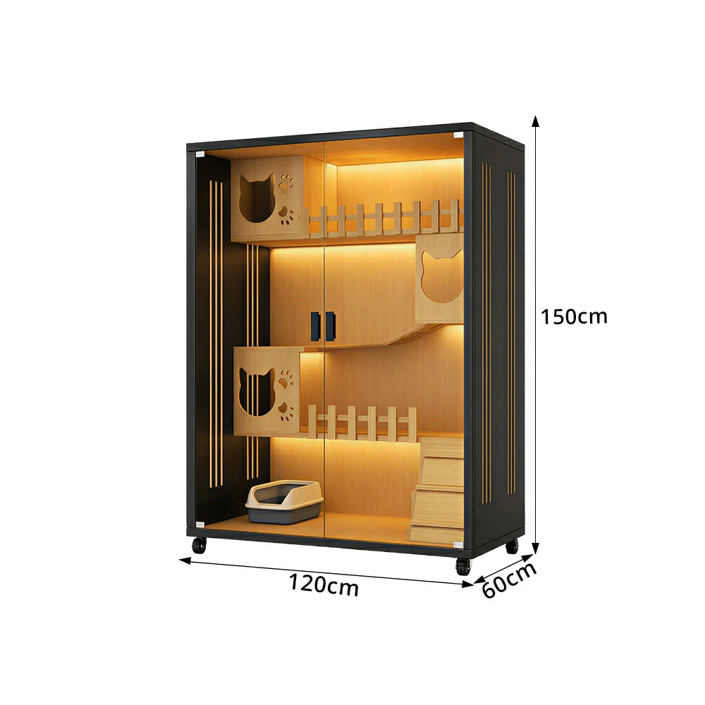 PAWORA Large Multi-Level Cat Villa with Zoned Living Space Tempered Glass Doors For Multi-Cat Homes - Black