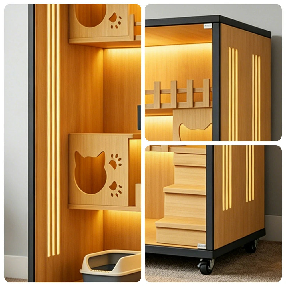 PAWORA Large Multi-Level Cat Villa with Zoned Living Space Tempered Glass Doors For Multi-Cat Homes - Wood