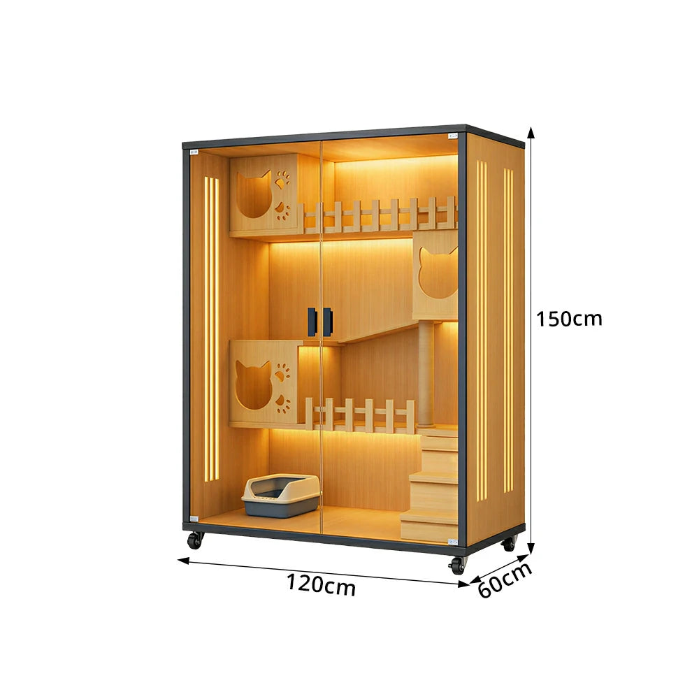 PAWORA Large Multi-Level Cat Villa with Zoned Living Space Tempered Glass Doors For Multi-Cat Homes - Wood