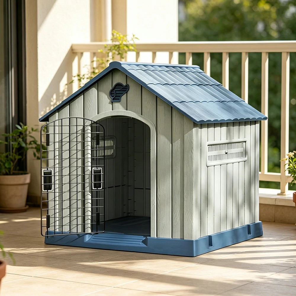 PAWORA Outdoor Pet House with Waterproof PP Material Drainage Roof and Double Metal Doors For Patio Balcony - Blue