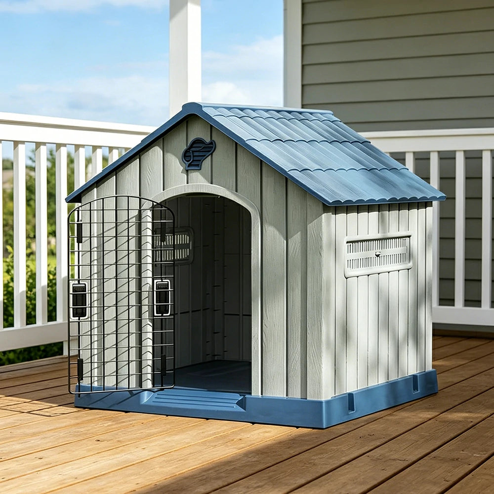 PAWORA Outdoor Pet House with Waterproof PP Material Drainage Roof and Double Metal Doors For Patio Balcony - Blue