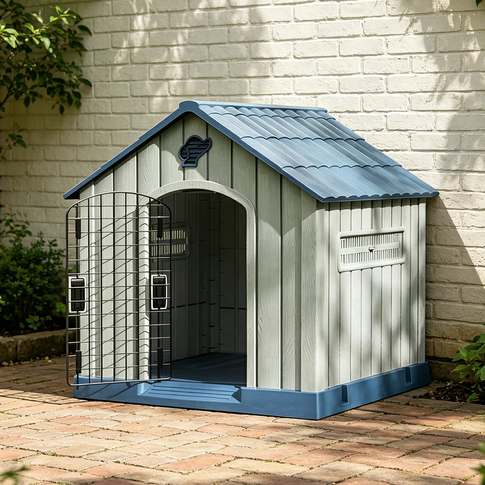 PAWORA Outdoor Pet House with Waterproof PP Material Drainage Roof and Double Metal Doors For Patio Balcony - Blue