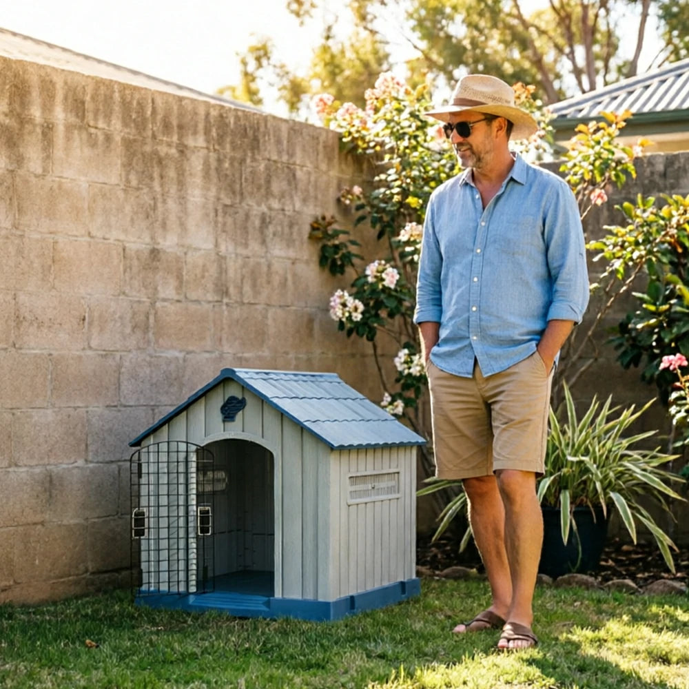 PAWORA Outdoor Pet House with Waterproof PP Material Drainage Roof and Double Metal Doors For Patio Balcony - Blue
