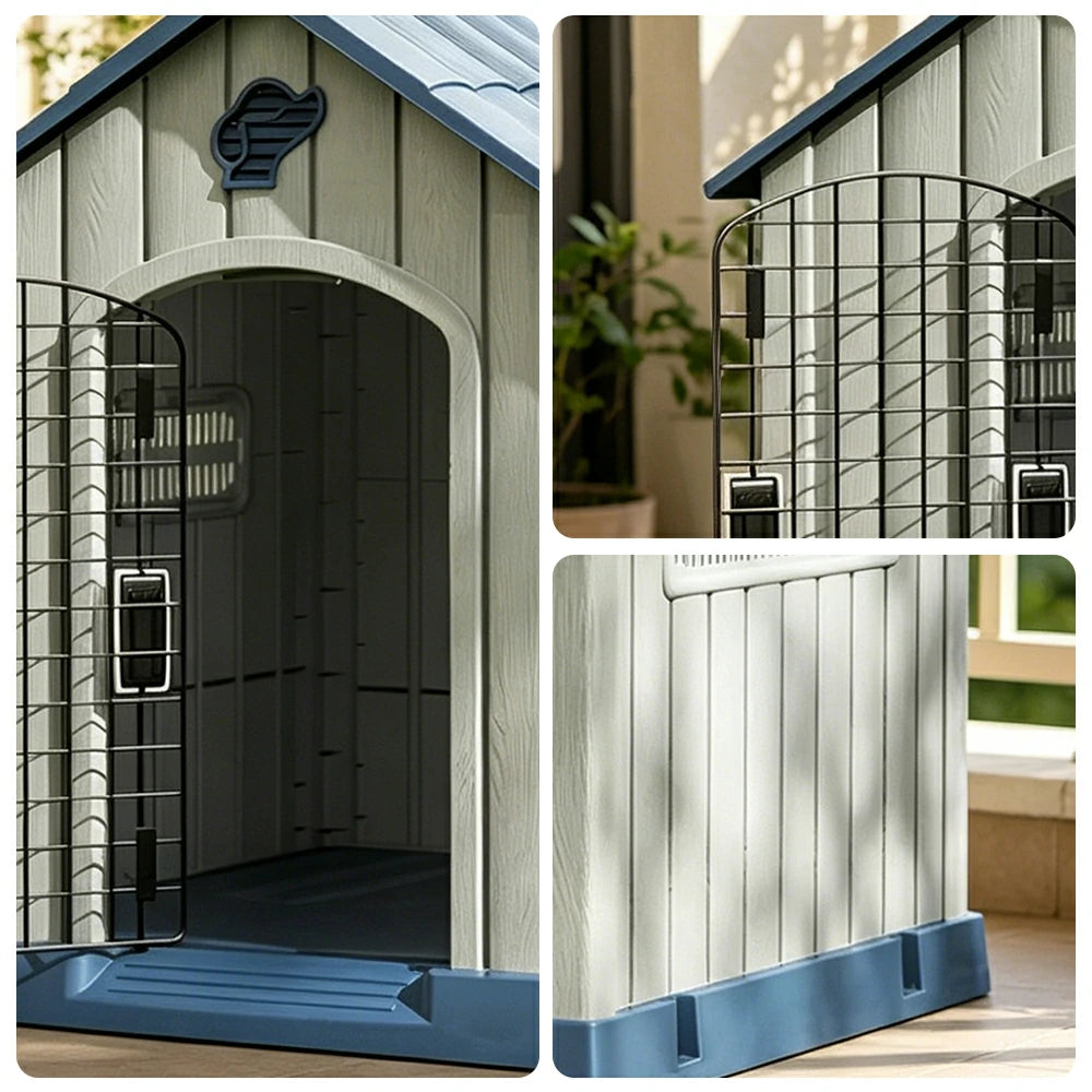 PAWORA Outdoor Pet House with Waterproof PP Material Drainage Roof and Double Metal Doors For Patio Balcony - Blue