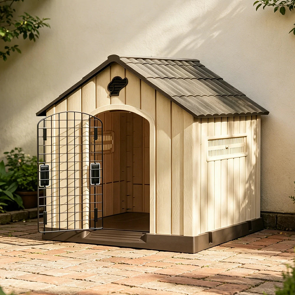 PAWORA Outdoor Pet House with Waterproof PP Material Drainage Roof and Double Metal Doors For Patio Balcony - Brown