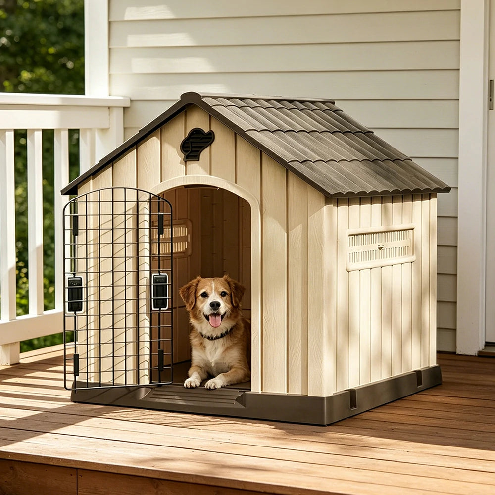 PAWORA Outdoor Pet House with Waterproof PP Material Drainage Roof and Double Metal Doors For Patio Balcony - Brown