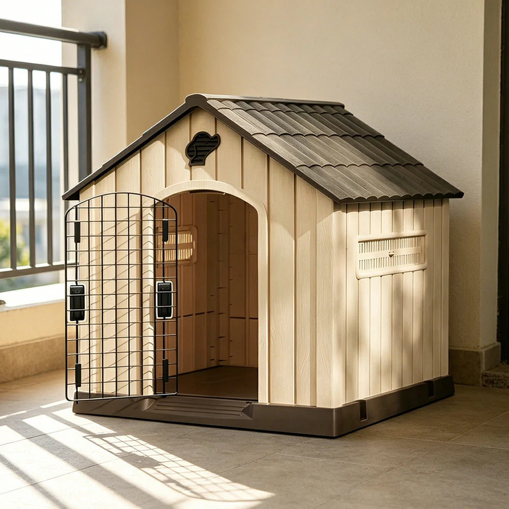 PAWORA Outdoor Pet House with Waterproof PP Material Drainage Roof and Double Metal Doors For Patio Balcony - Brown