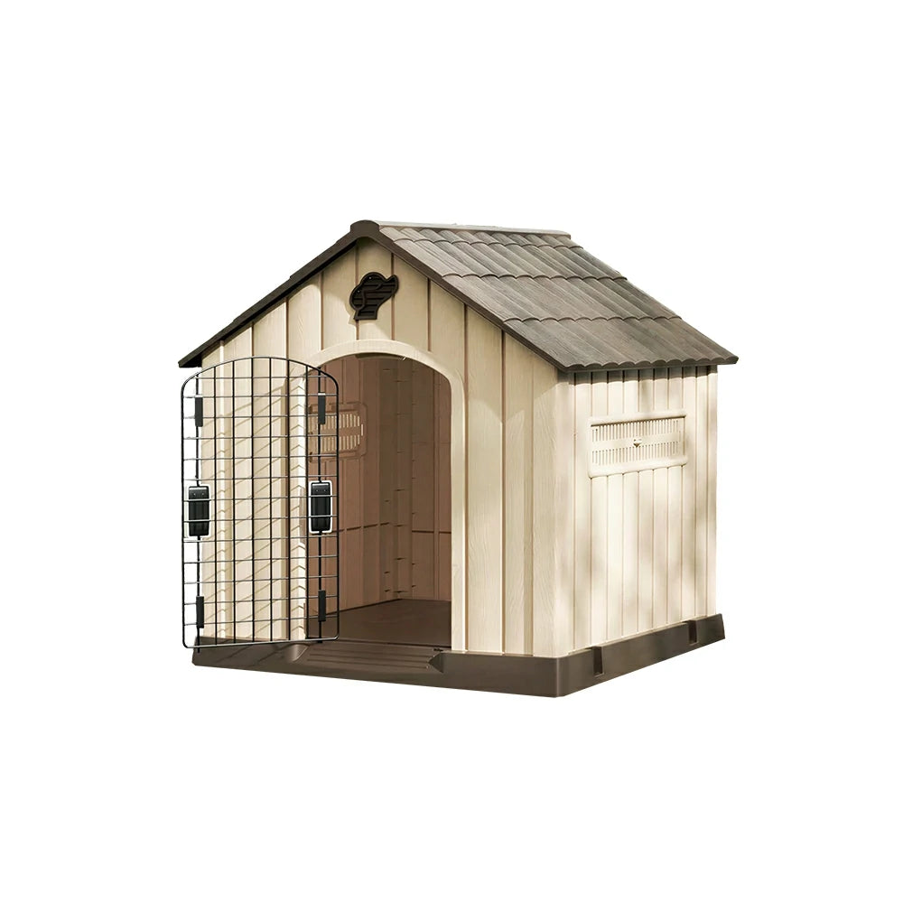 PAWORA Outdoor Pet House with Waterproof PP Material Drainage Roof and Double Metal Doors For Patio Balcony - Brown