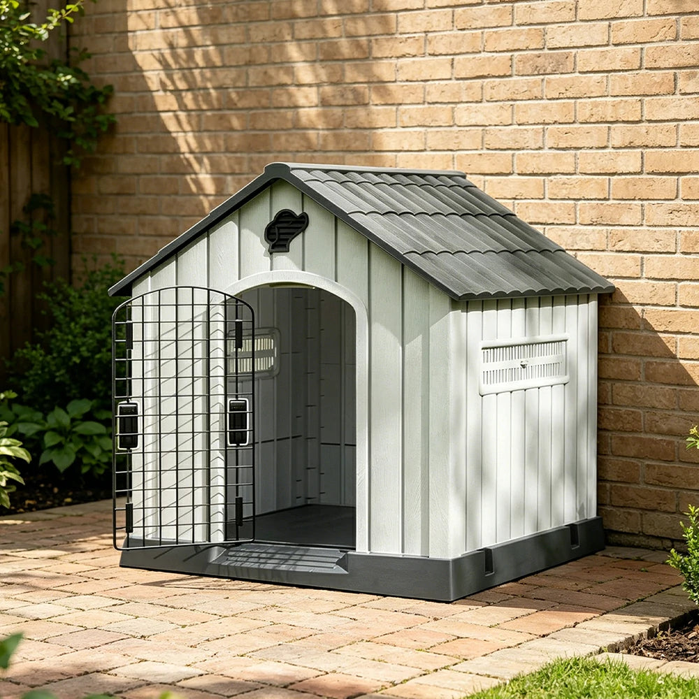 PAWORA Outdoor Pet House with Waterproof PP Material Drainage Roof and Double Metal Doors For Patio Balcony - Grey